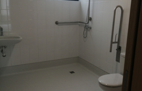 baño de un centro de día con un inodoro para personas con movilidad reducida, un lavabo y la ducha