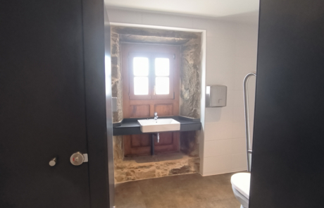 baño del rectoral, se ve un inodoro para personas de movilidad reducida y una lavabo