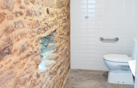 baño con pared en piedra, se ve el inodoro y el lavabo