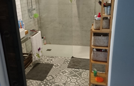 baño completo, suelo decorado, se ve la ducha y una estaría de madera con productos