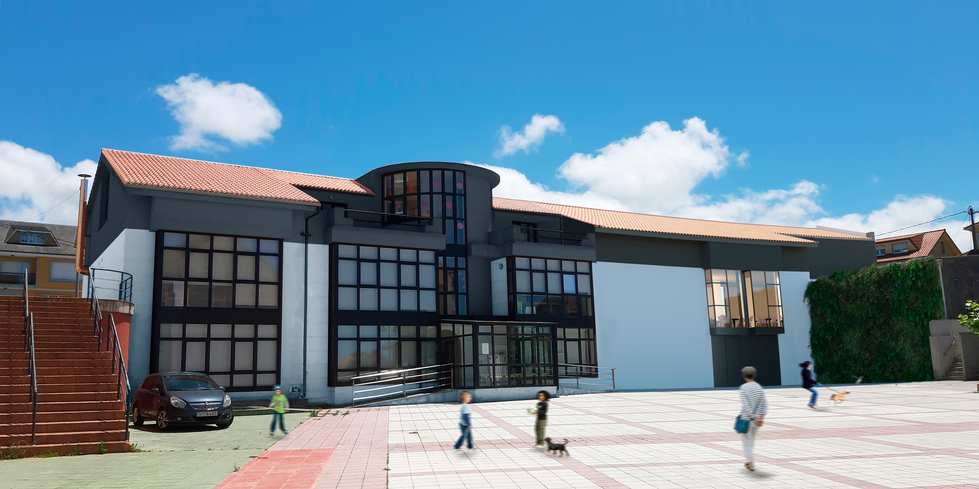 fachada principal con varias partes acristaladas del Centro de día Cabana de Bergantiños